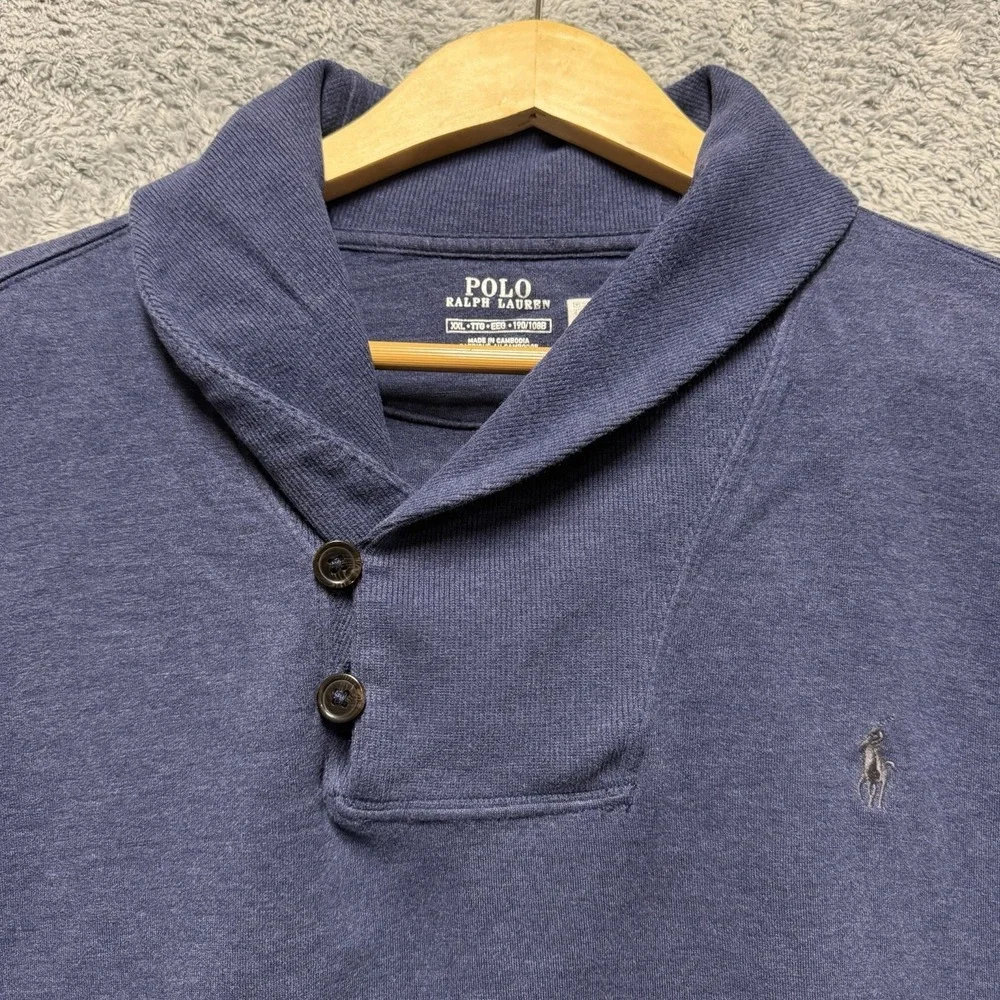 Polo Ralph Lauren Sweater Mens 2XL Shawl Collar Heather Blue Cotton Stretch Pony